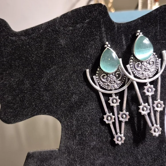 Silver and Green Bohemian Statement Earrings - Picture 2 of 4